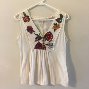 Anthro Little Yellow Button Embroidered Tank Top